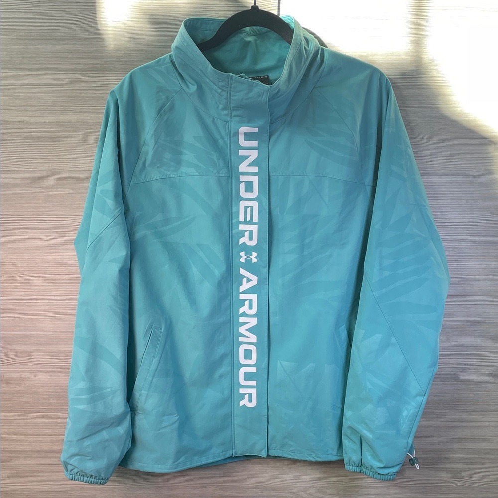 Under Armour NEW Funnel Neck Recover Woven Emboss FZ Teal Jacket Palm Leaves